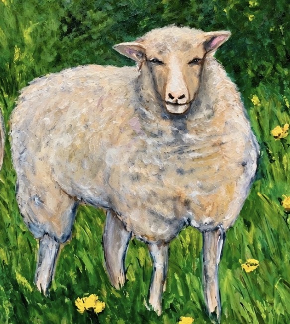 Detail of Sheep in the Field by Marina Stognieva showing the texture of the oil painting